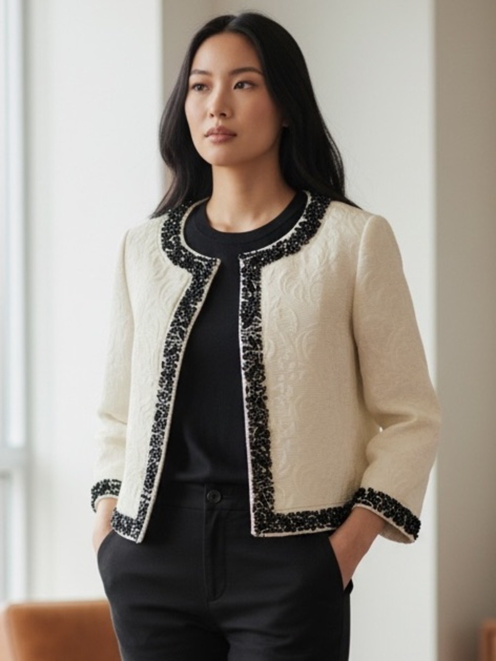 NWOT TALBOTS CREAM BROCADE BLACK BEADED BORDERS CROPPED BLAZER OLD MONEY SZ 14